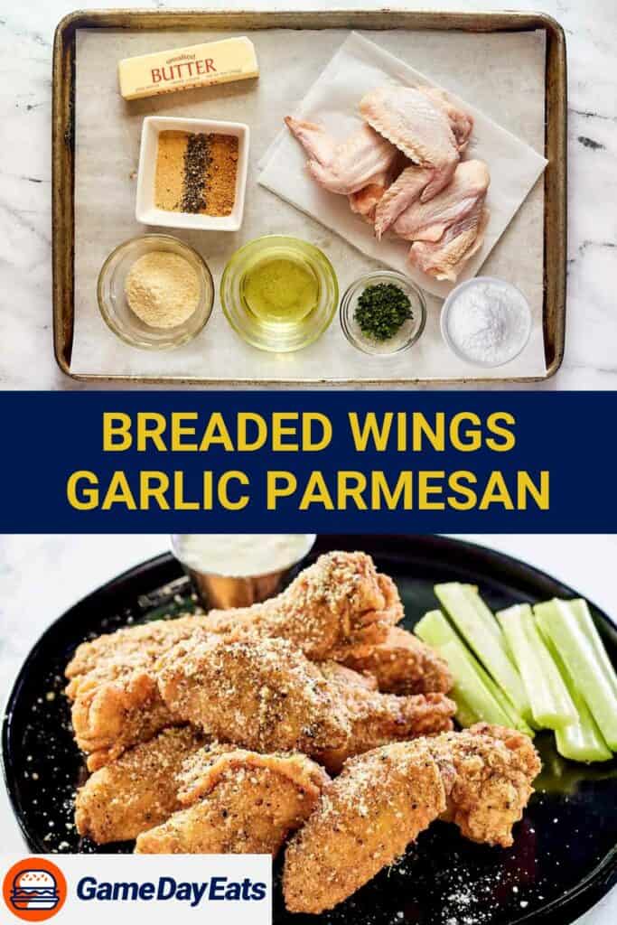 Breaded garlic parmesan wings ingredients and the fried wings on a plate.