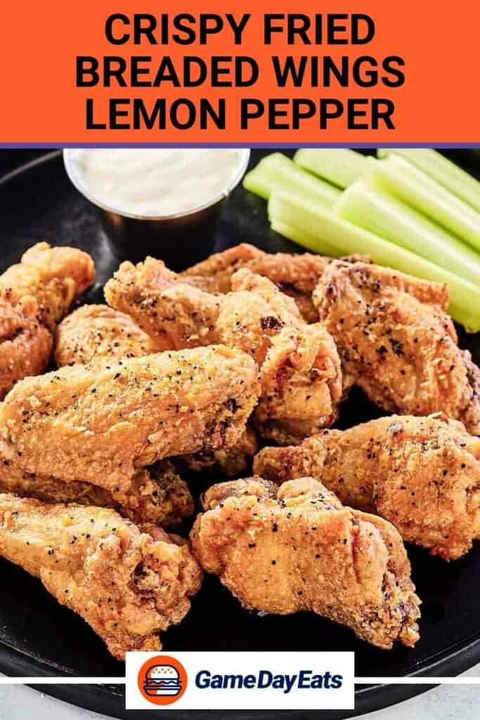 Breaded and fried lemon pepper chicken wings, dipping sauce, and celery on a plate.