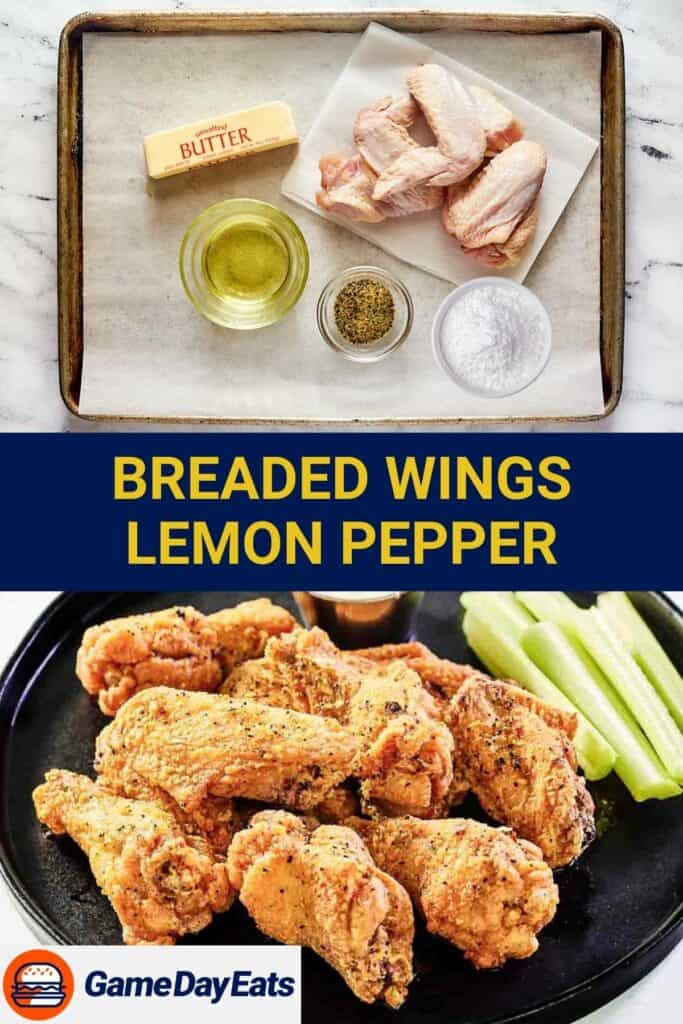 Breaded lemon pepper wings ingredients and the fried wings on a plate.