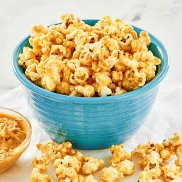 Homemade peanut butter popcorn in a bowl.