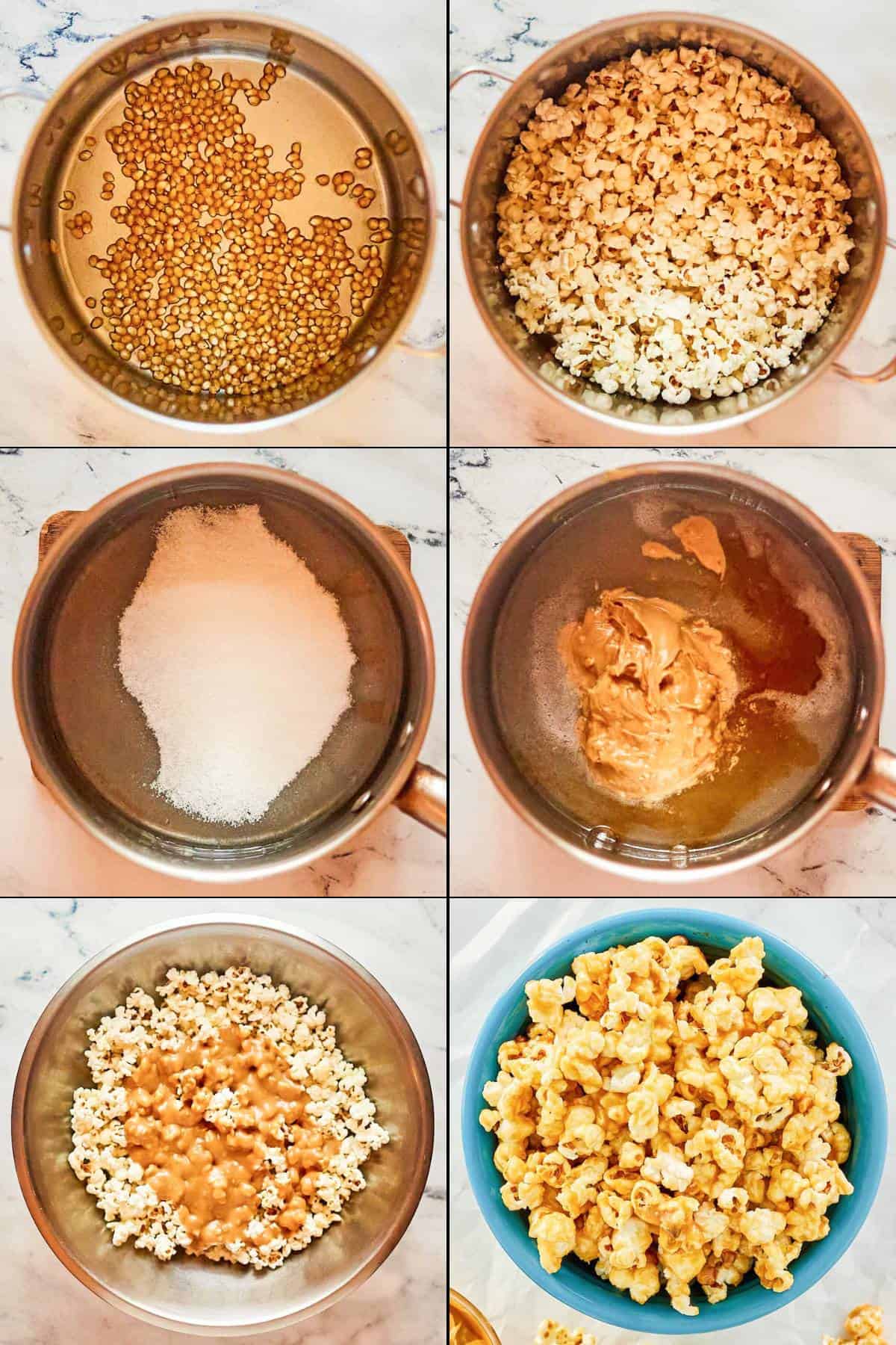 Collage of making peanut butter popcorn.