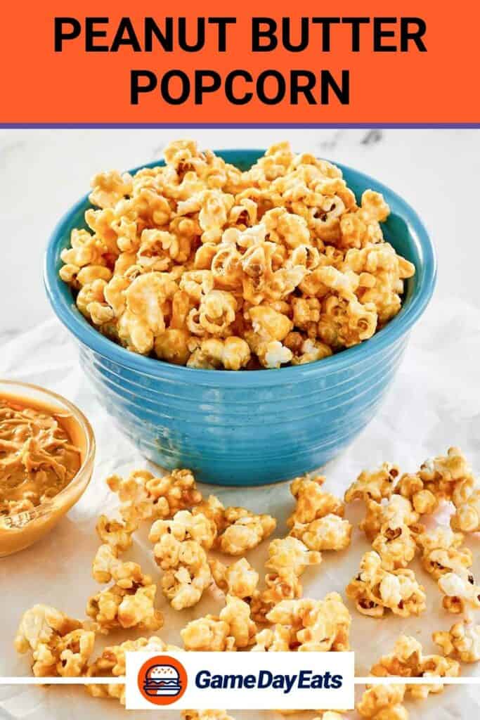 Peanut butter popcorn on parchment paper and in a bowl.