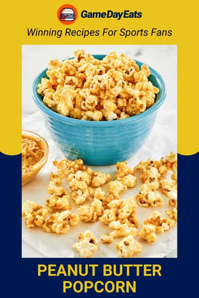 A bowl of peanut butter popcorn and some scattered in front of it.