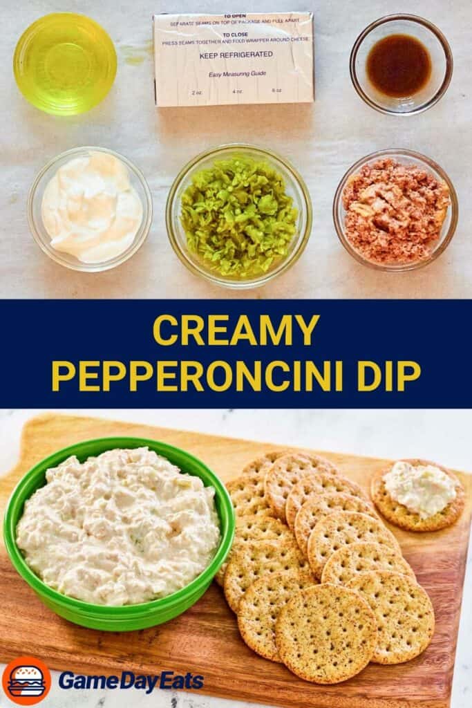 Pepperoncini dip ingredients and the dip with crackers.