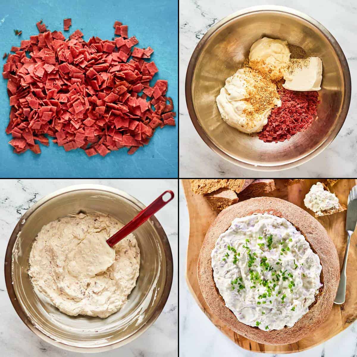 Collage of making rye bread dip.