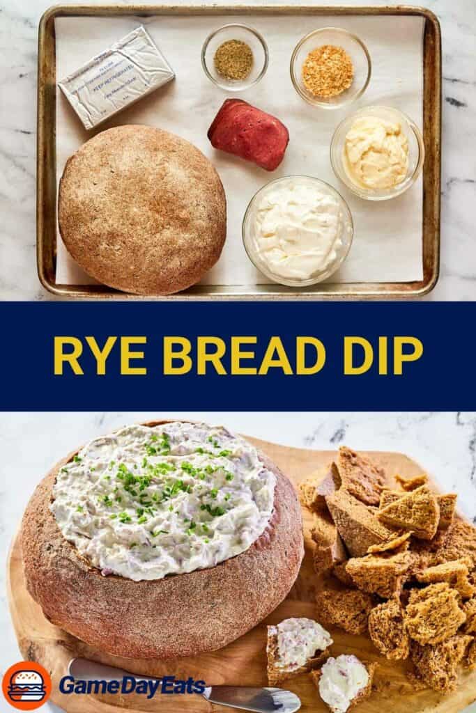 Rye bread dip ingredients and the dip in a bread bowl.