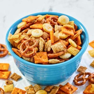 Cheesy ranch chex mix in a bowl.