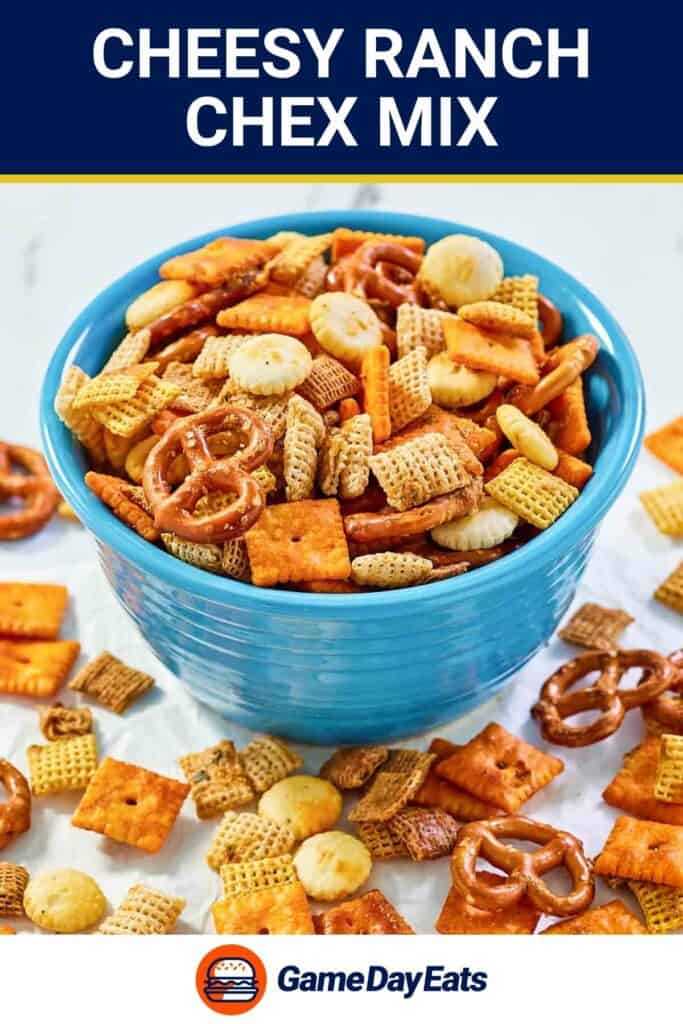 Cheesy ranch chex mix in a small serving bowl.