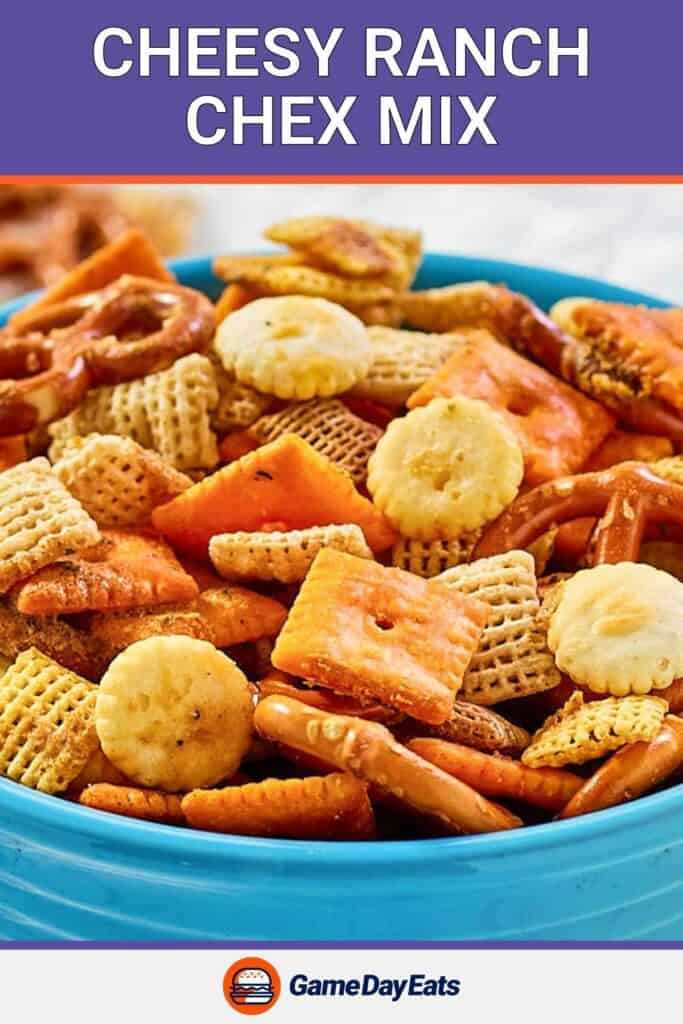 Cheese ranch chex mix in a small bowl.