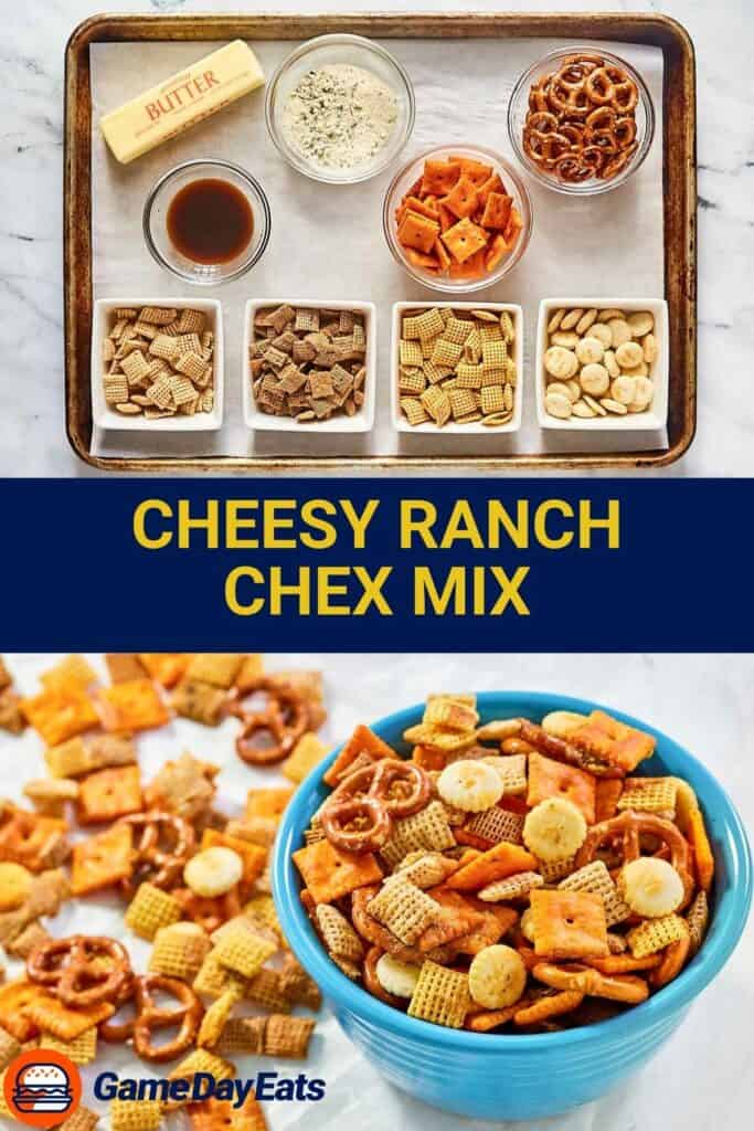 Cheesy ranch chex mix ingredients and the finished party mix.