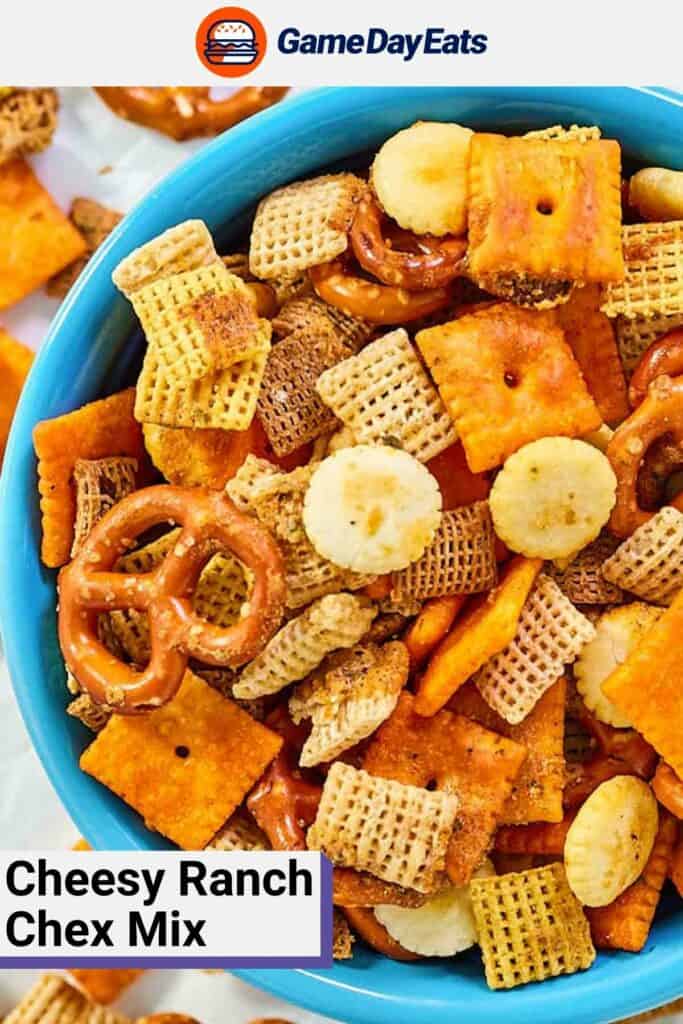 Cheesy ranch chex mix in a bowl.