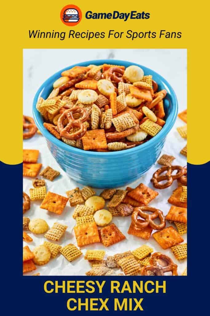 A bowl of homemade cheesy ranch chex mix.
