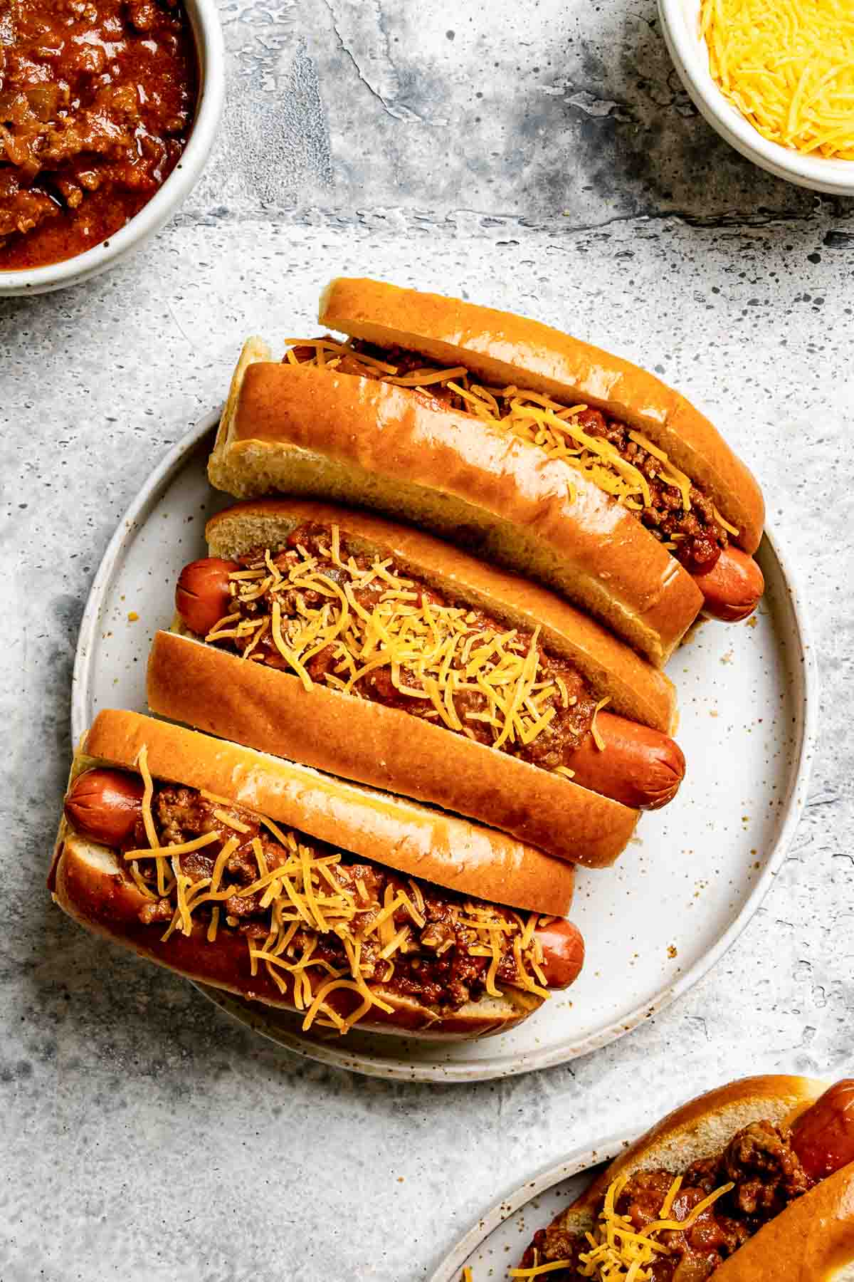 Homemade hot dog chili on hot dogs.