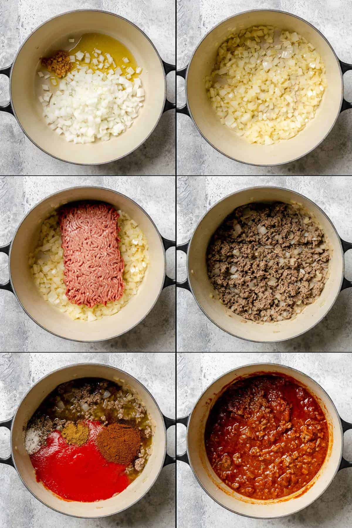 Collage of making hot dog chili.