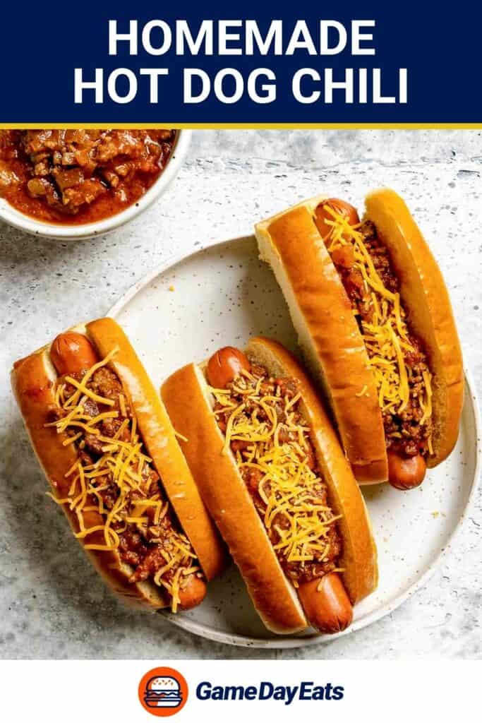 Three hot dogs topped with homemade hot dog chili.