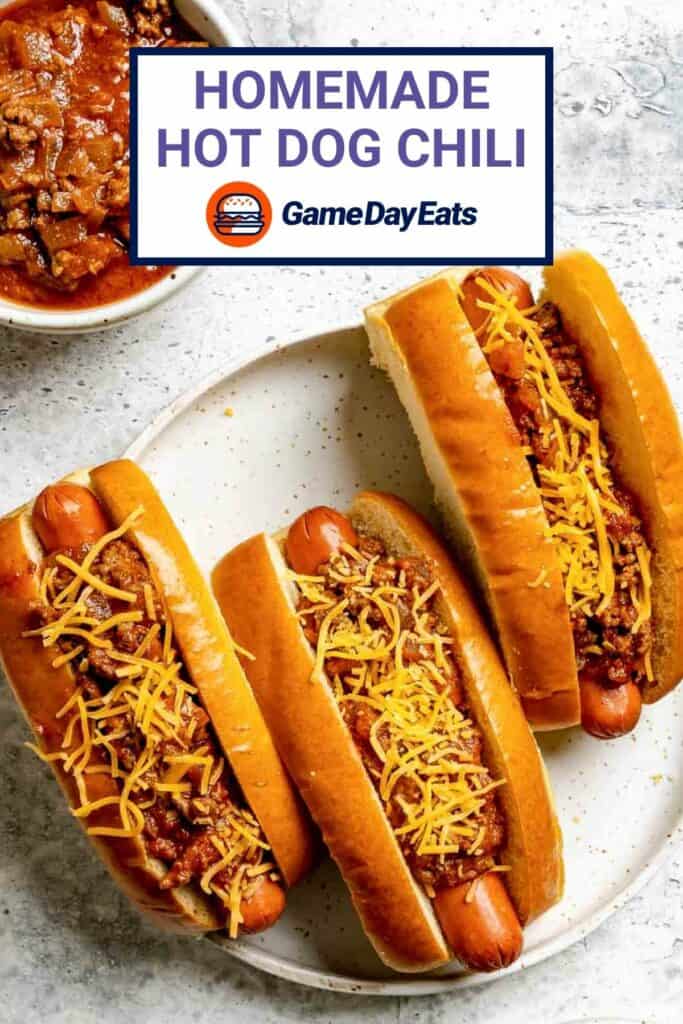 Hot dog chili in a bowl and on hot dogs.