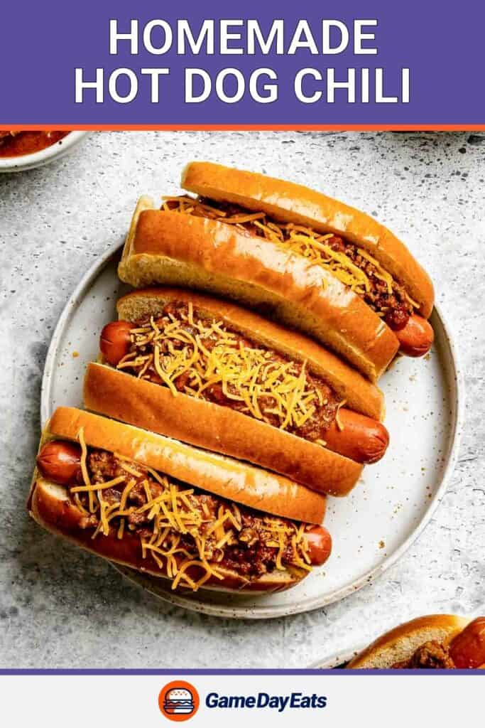 Hot dog chili on top of hot dogs.