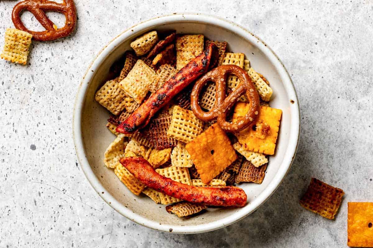 Homemade spicy Chex party mix in a bowl.