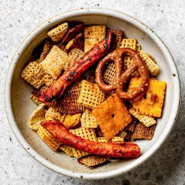 Homemade spicy Chex mix in a bowl.