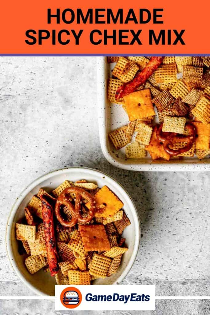 Homemade spicy Chex mix on a baking sheet and in a small bowl.