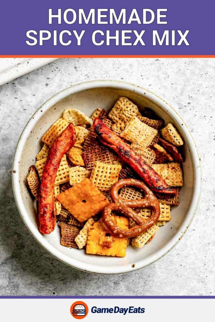 A bowl of homemade spicy Chex mix.