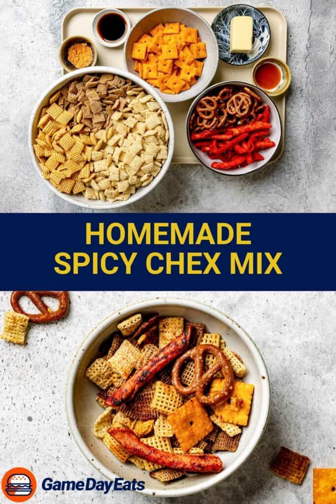 Homemade spicy Chex mix ingredients and the finished mix in a bowl.