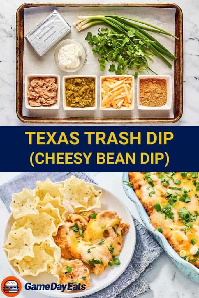 Texas trash dip ingredients and the finished dish.