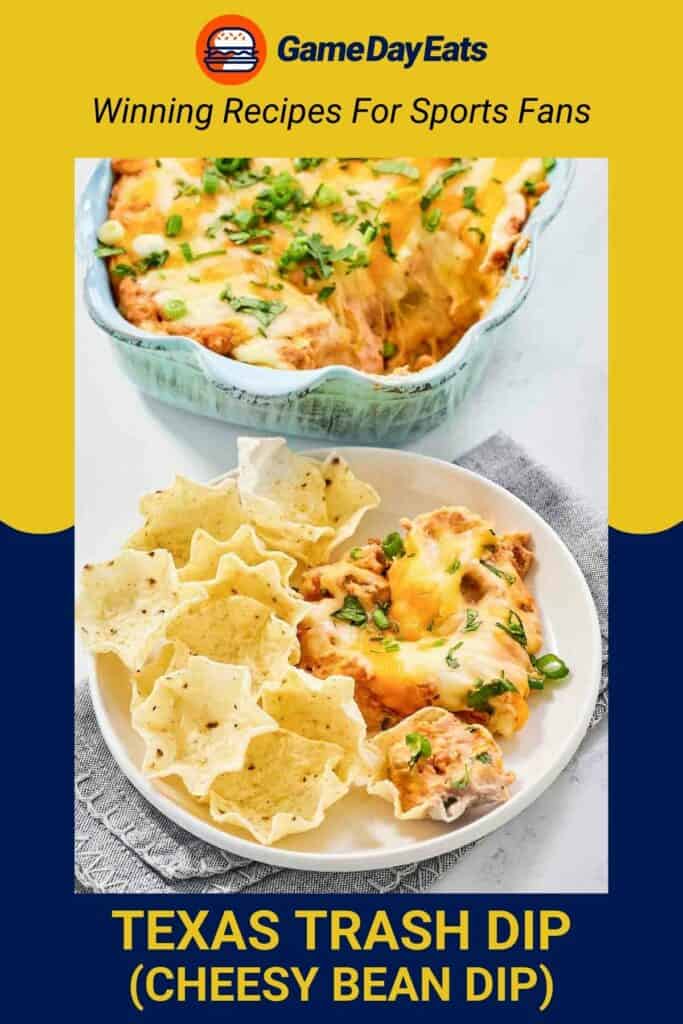 Texas trash dip in a baking dish and on a plate with scoops tortilla chips.
