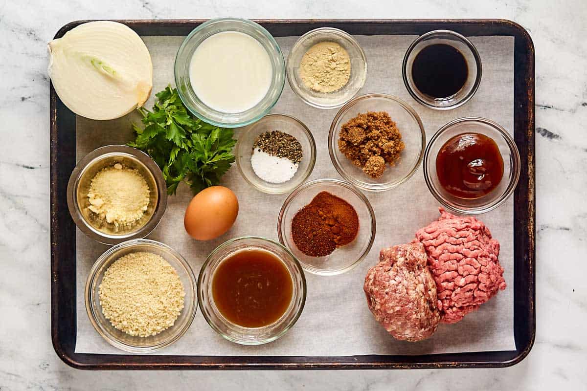 BBQ meatballs ingredients on a tray.