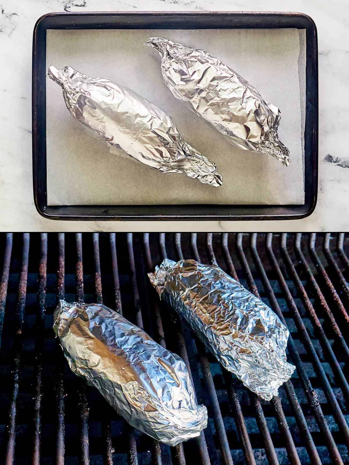 Potatoes wrapped in foil on a tray and on a grill grate.