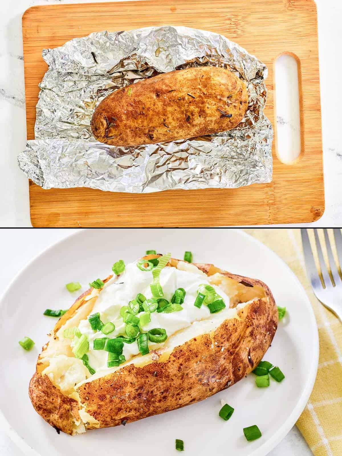 Unwrapping a potato in a foil pack and serving the potato with toppings.