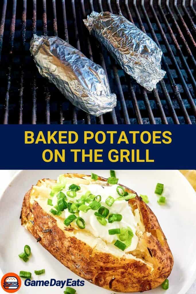 Potatoes in foil on a grill and a grilled potato on a plate.