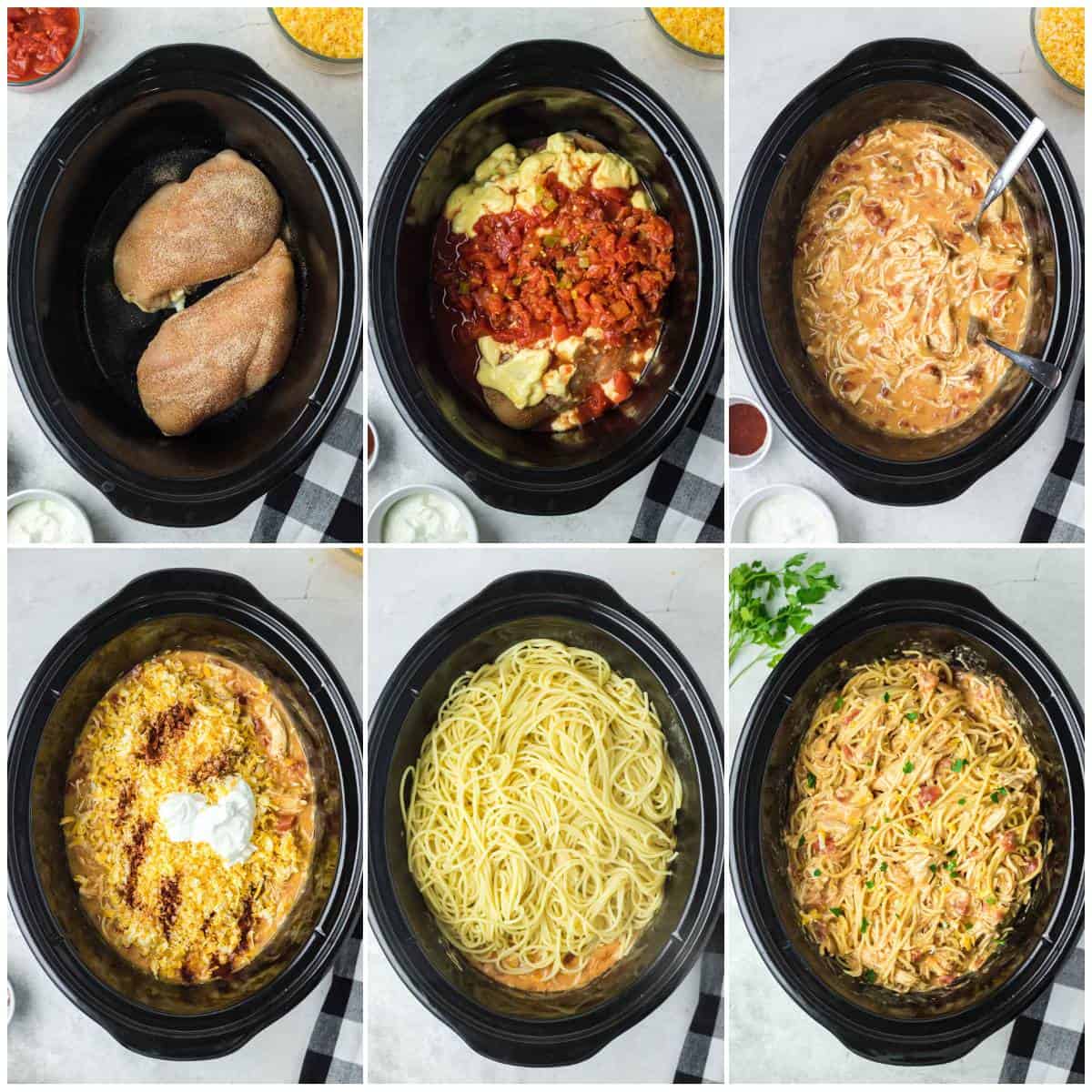 Collage of making chicken spaghetti in a crockpot.