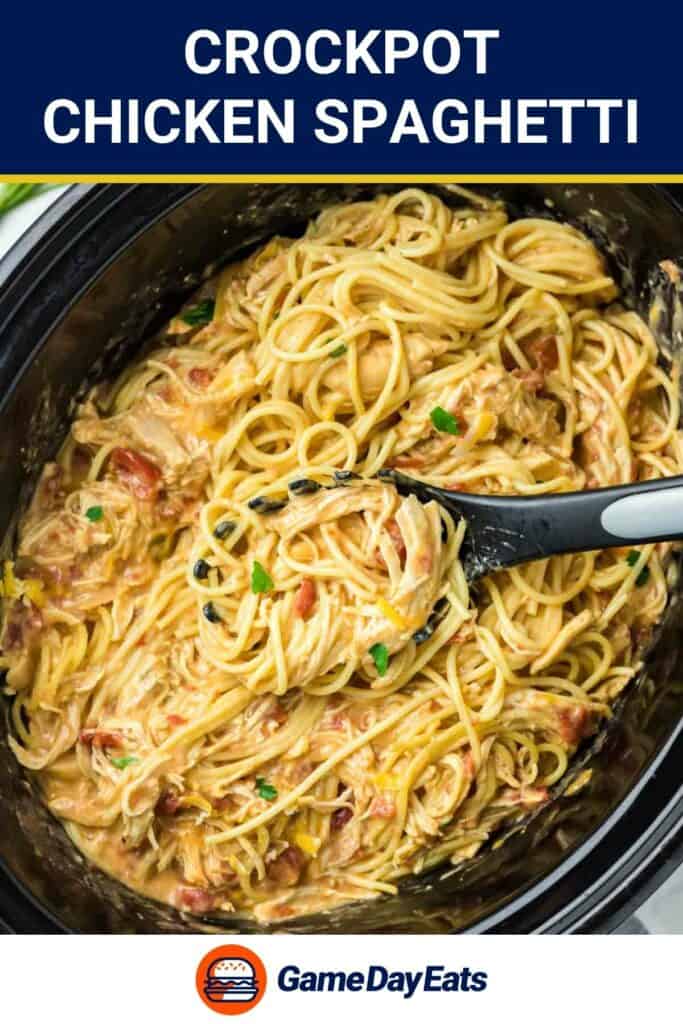 Chicken spaghetti in a crockpot.
