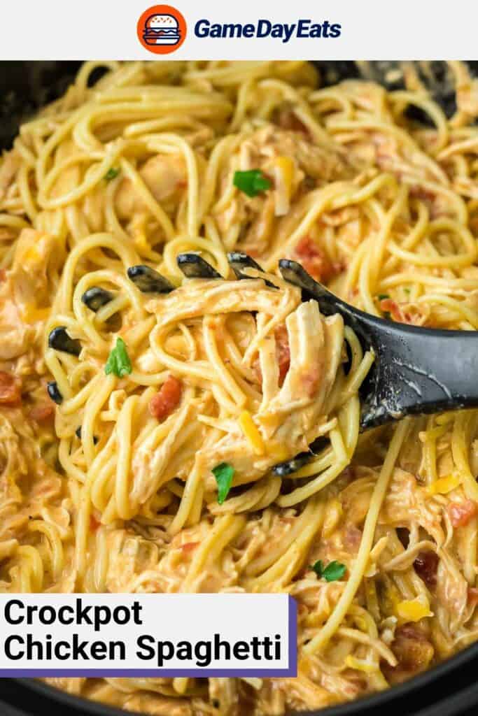 Chicken spaghetti on a spaghetti server and in a crockpot.