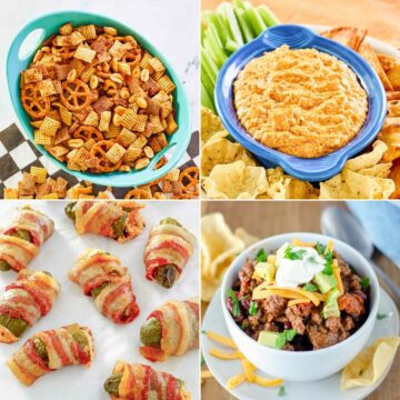 Chex mix, buffalo chicken dip, bacon wrapped jalapeno poppers, and chili.