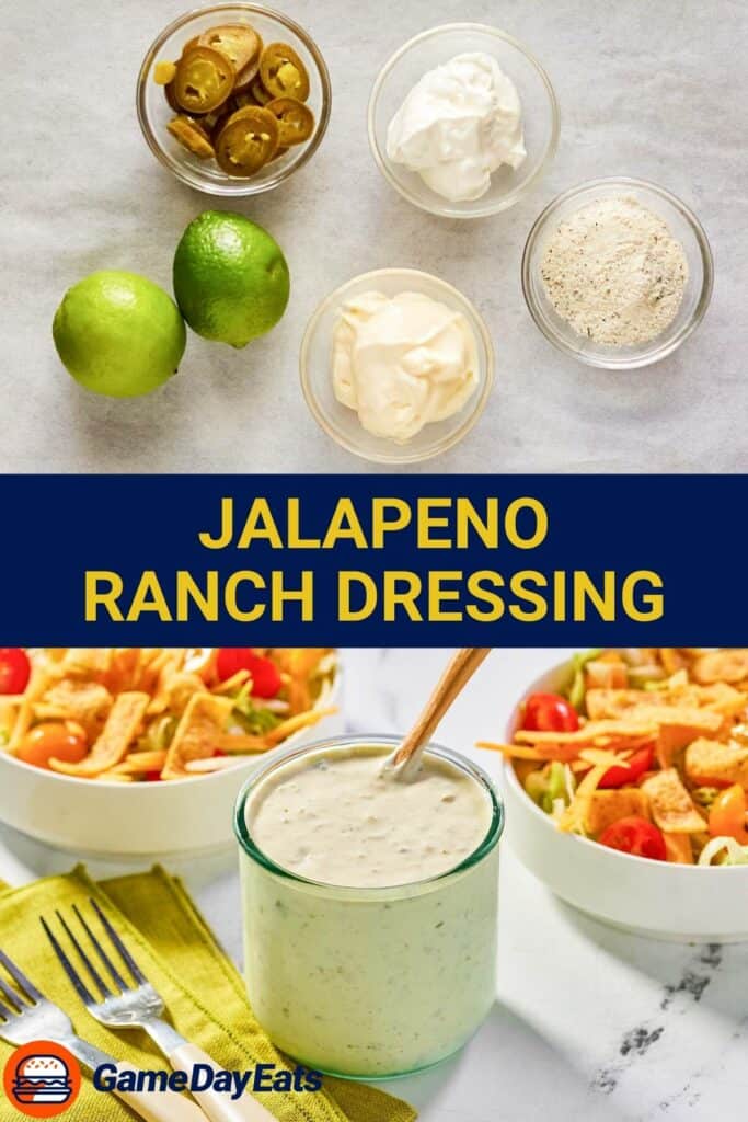Jalapeno ranch dressing ingredients and the dressing next to two salads.
