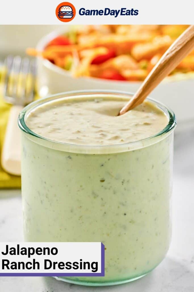 Jalapeno ranch dressing in a glass jar.