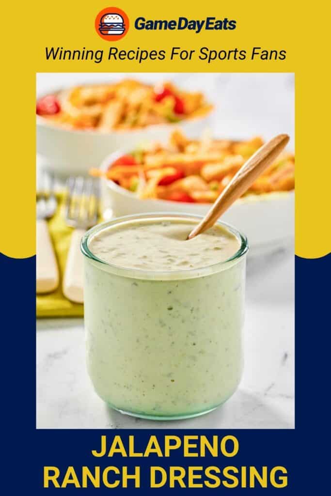 Jalapeno ranch dressing in a small glass jar.