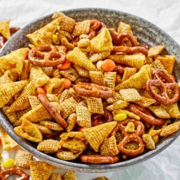 Sweet and salty Chex mix in a bowl.