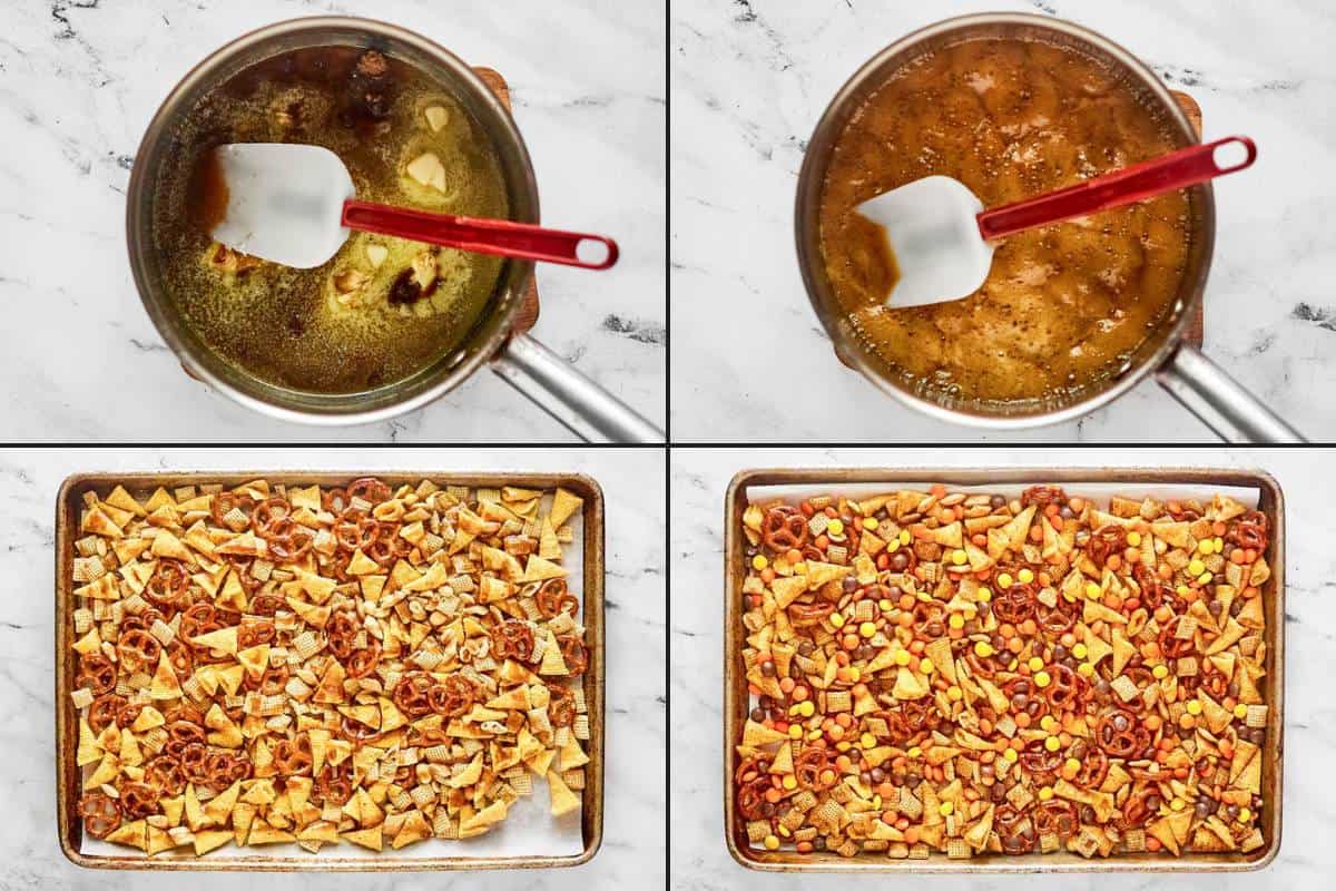 Collage of making sweet and sour chex mix.
