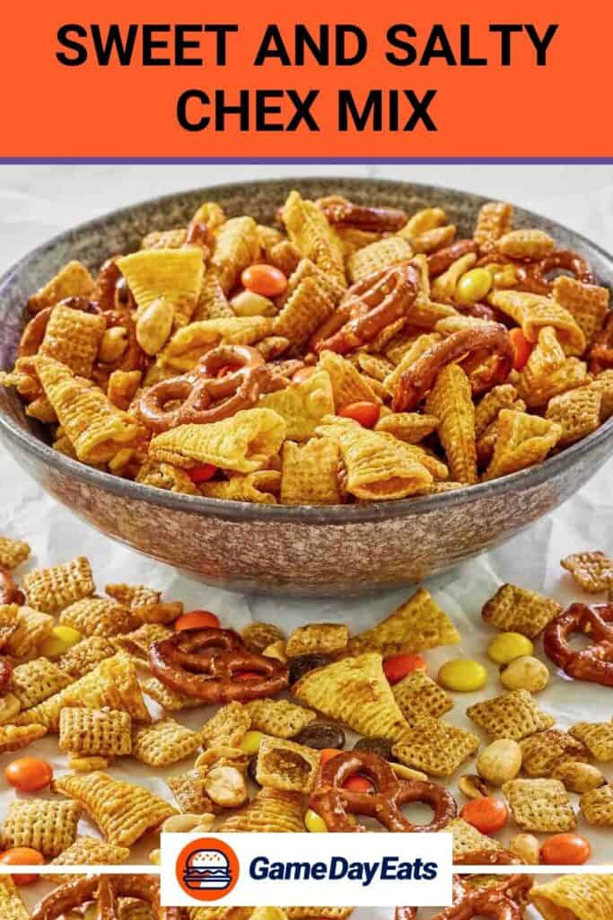 Sweet and salty chex mix in a bowl and scattered in front of it.
