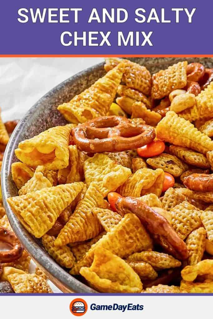 Sweet and salty chex mix in a bowl.