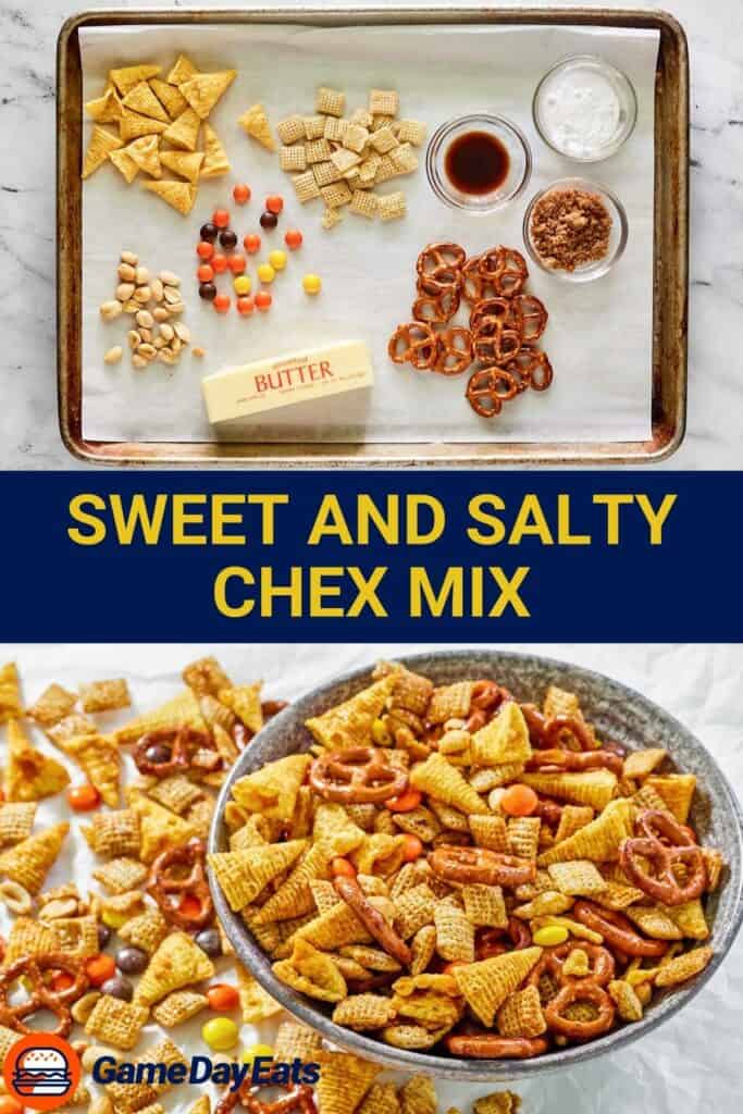Sweet and salty chex mix ingredients and the finished party mix.
