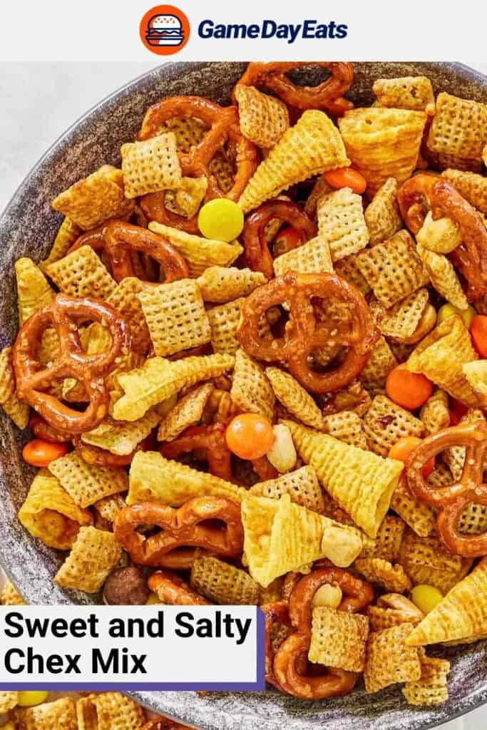 A bowl of sweet and salty chex mix.