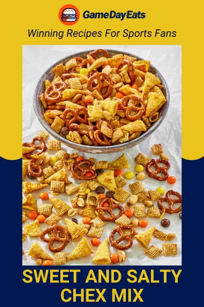 Sweet and salty Chex mix in a bowl and scattered in front of it.
