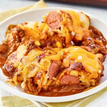 Chili dog casserole on a plate.